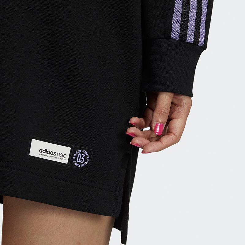 Adidas Neo Sporty Casual 1/4 Zip Striped Stand Collar Long Sleeve Dress Women Dress Black GS2606