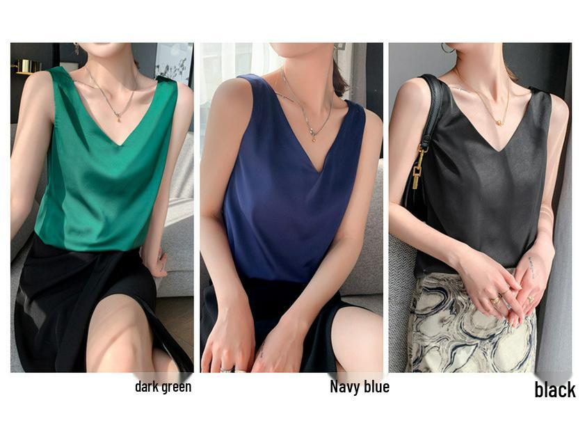 Women's Silk Satin V-neck Acetate Camisole: Ideal Inner Base Layer for Suits, Spring/Summer, Black & White