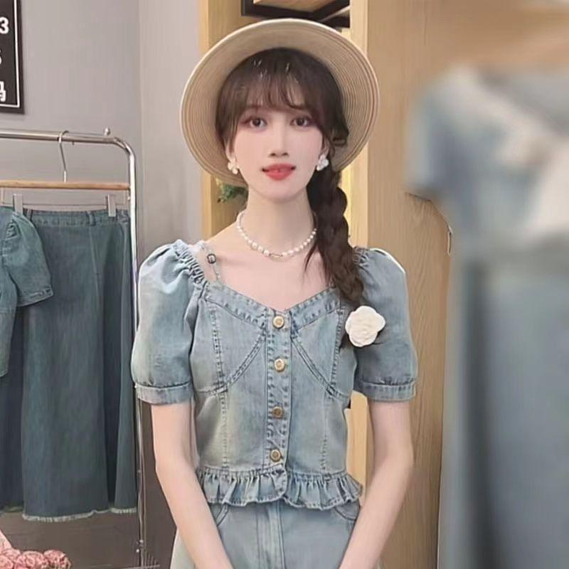 Women's Summer Retro Slimming A-line Denim Skirt and Short-sleeved Top Set