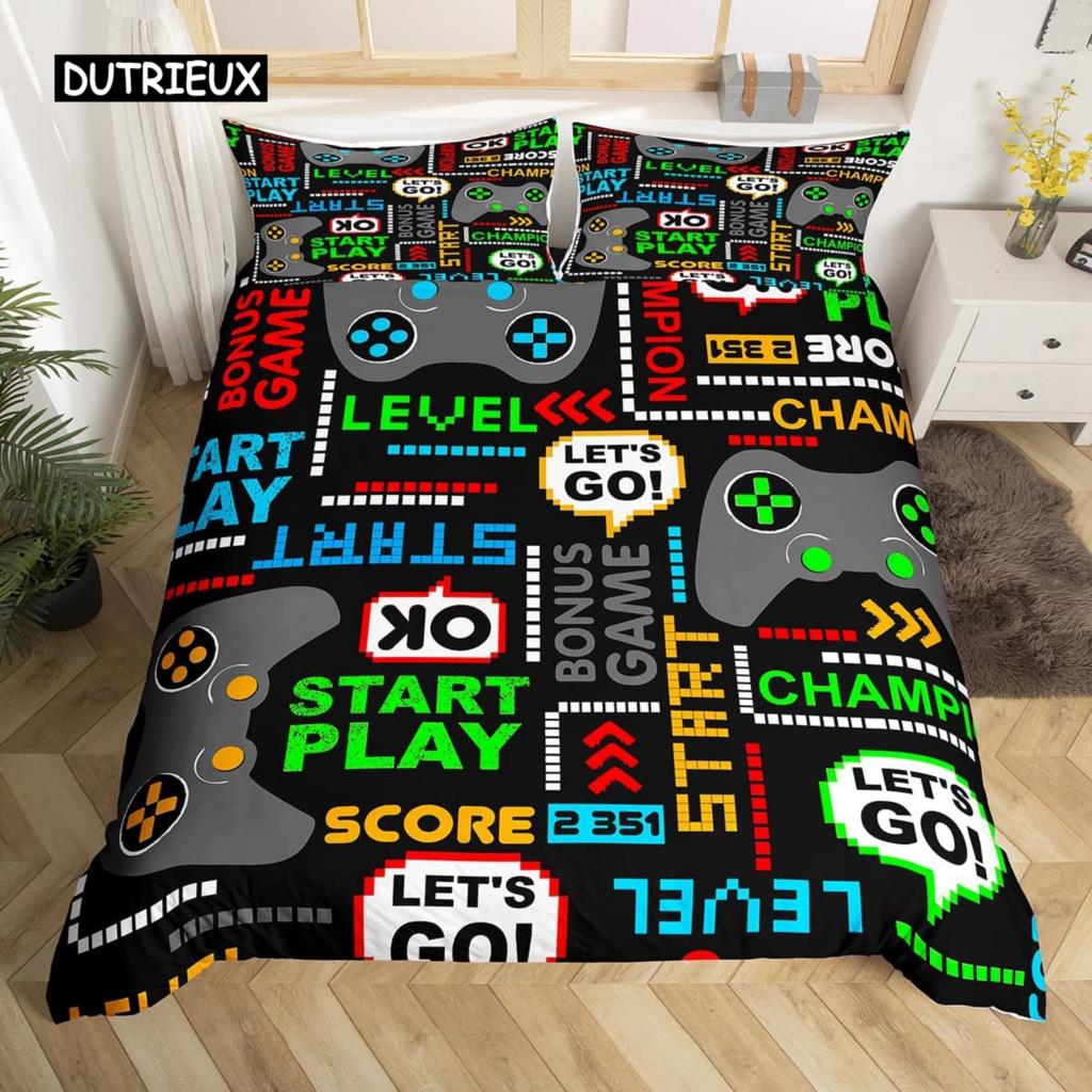 Gamepad Duvet Cover Set Queen Video Game Twin Bedding Set Microfiber Green Cartoon Gamer Pattern Electronic Theme Quilt Cover