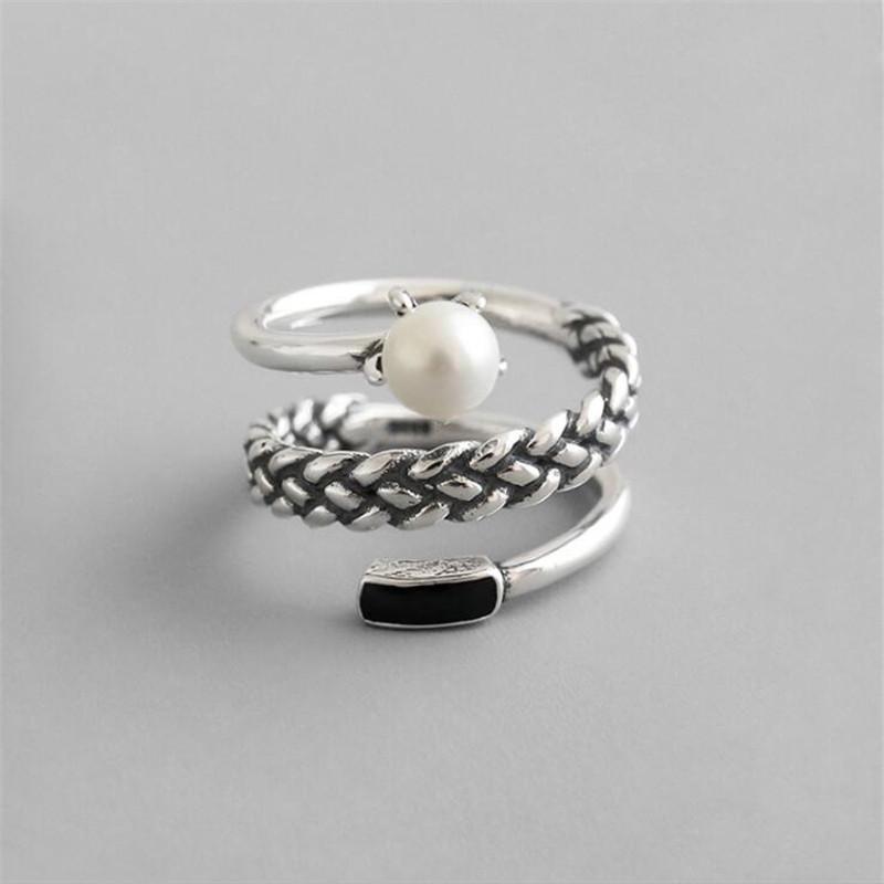 

European Style New Women Snake Pattern 925 Sterling Silver Jewelry Retro Personality Pearl Fashion Opening Rings R304 серебряный
