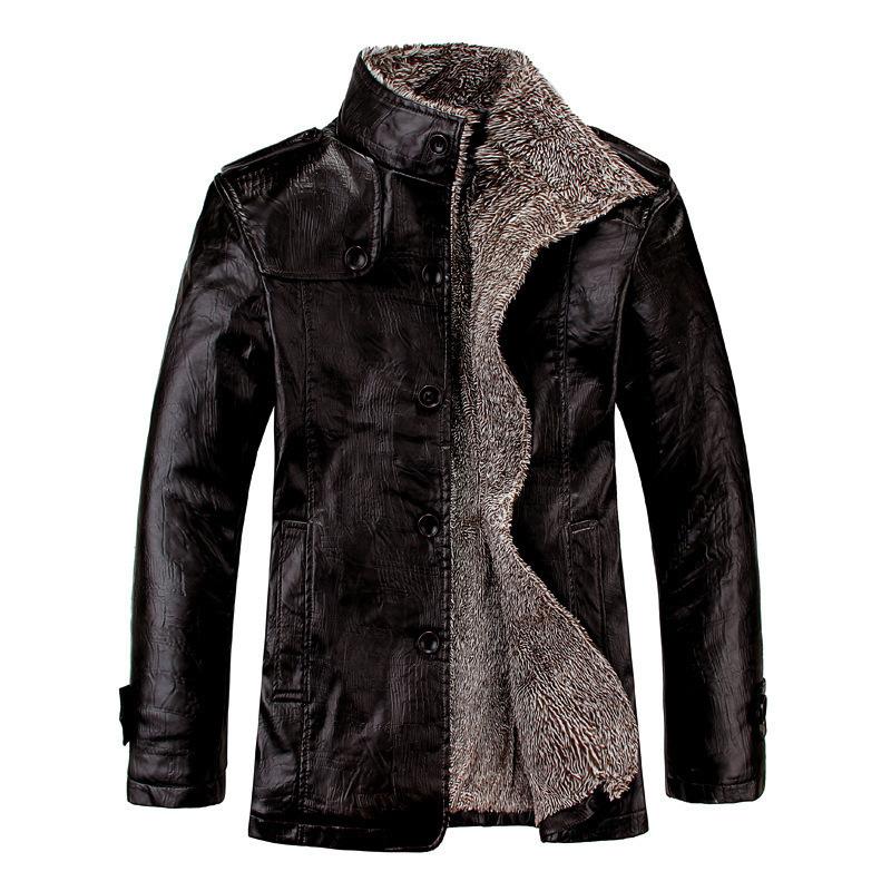 Autumn and winter men's stand-up collar fleece thickened business casual pu washed jacket fattened large size leather jacket