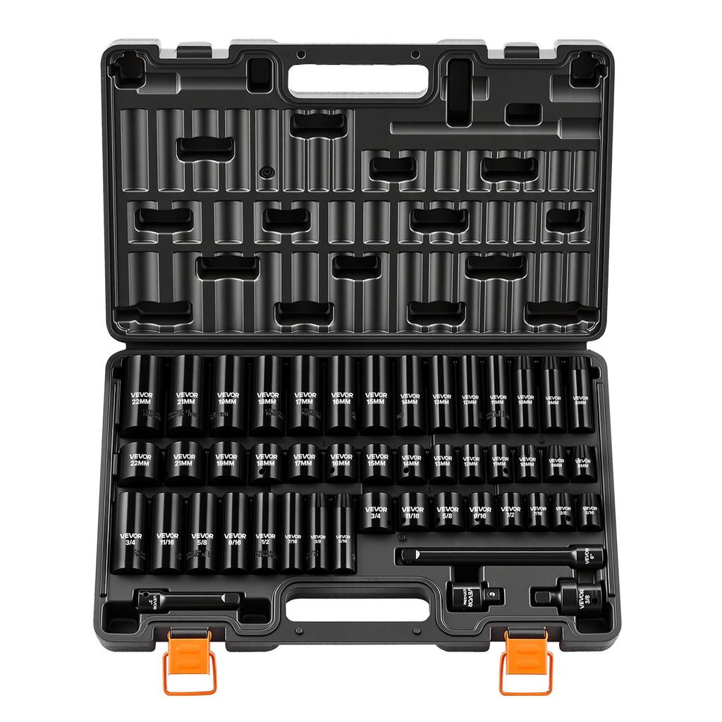 VEVOR Impact Socket Set, 3/8" Drive, 48-Piece Socket Set, 6-Point Sockets, SAE 5/16"-3/4" and Metric 8-19 Mm, 21-22 Mm