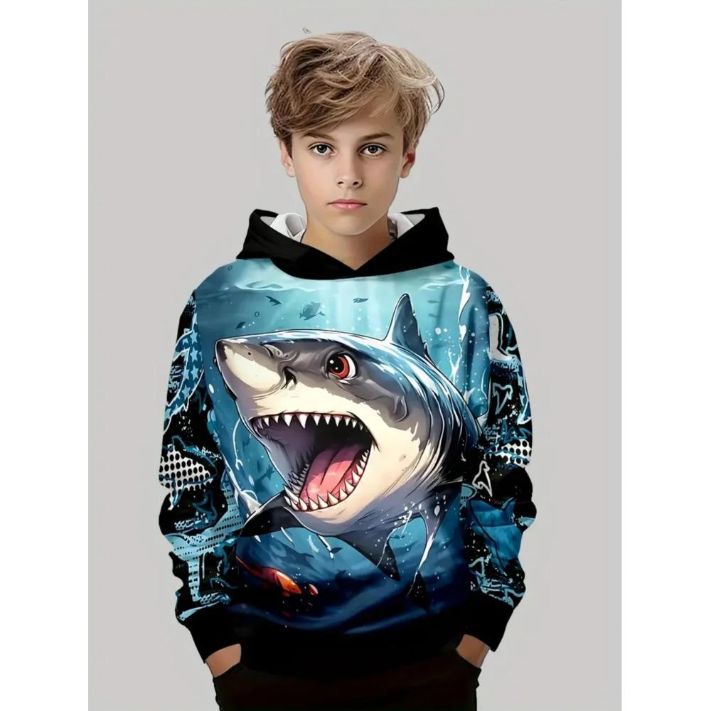 Autumn Winter Shark 3D Printed Hoodies Fashionable Casual Warm Sports Long Sleeved Children's Boy Hooded Sweatshirts