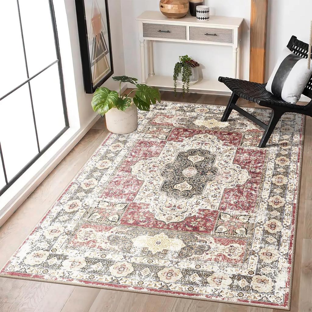 Vintage Area Carpet for Living Room Washable Rugs Rug for Kitchen Bedroom Dinning No Pile Non Slip Green Teal Multi Decorate