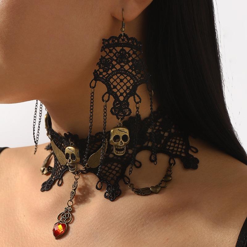 Retro Dark Lace Accessories Women, Exaggerated Personality Fringed Lace Skull Jewelry Set
