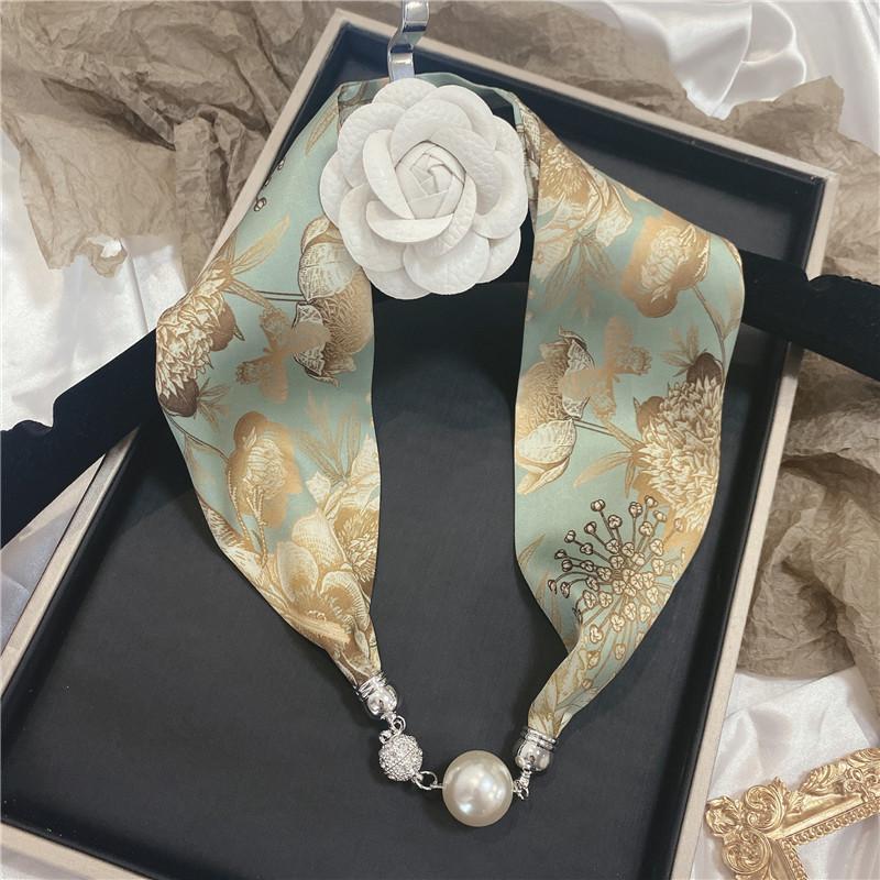 Luxury Design Magnetic Button Summer Silk Scarf Women Magnetic Pearl Necklace Scarves High End Matching Shirt Scarf Lady