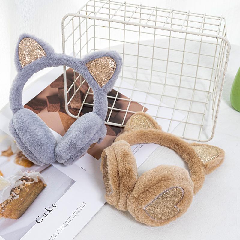 Plush Winter Warm Ear Earmuffs Glitter Cat Ear Warmers Heart Fur Hang Ear Cover For Women Girl Earflap Cold Protection Ear Muffs