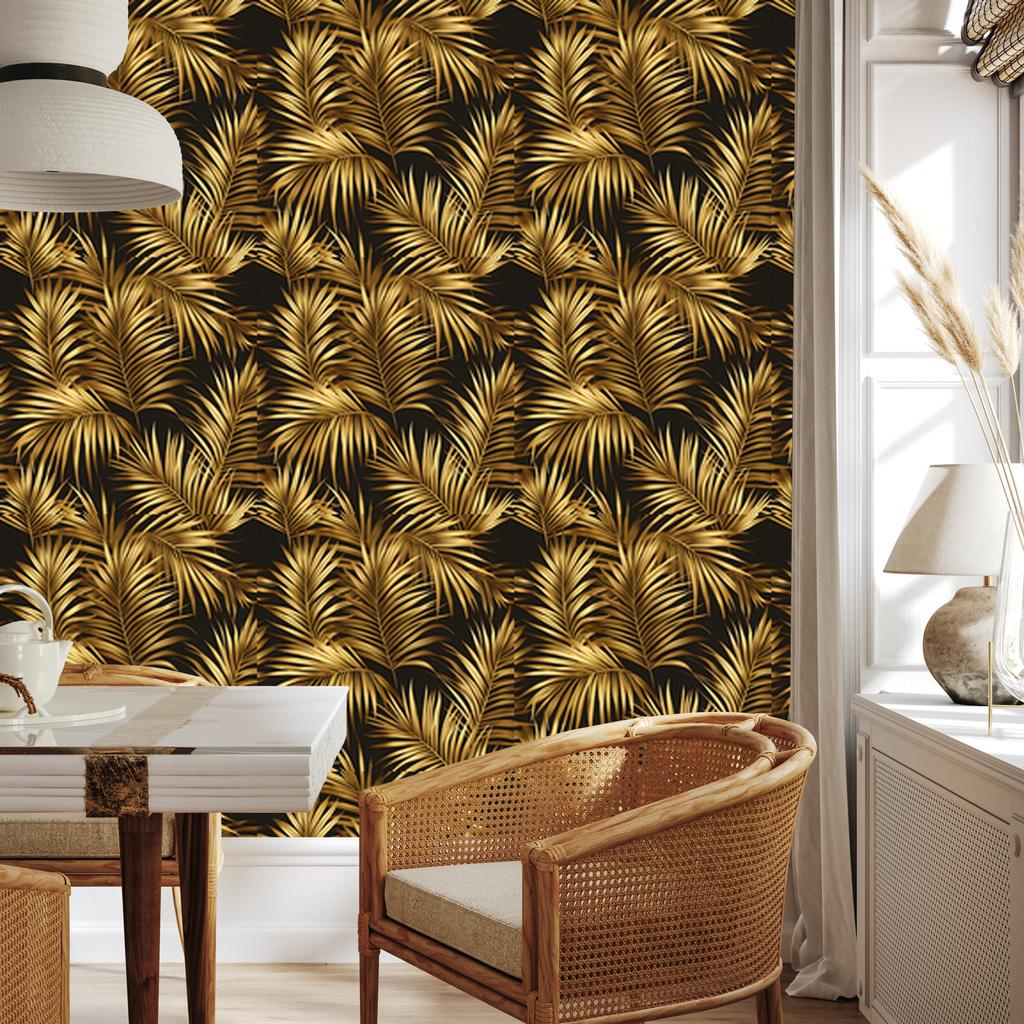 Flowers and Leaves Wallpaper Ochre, Gold, Black and Brown 50x1000