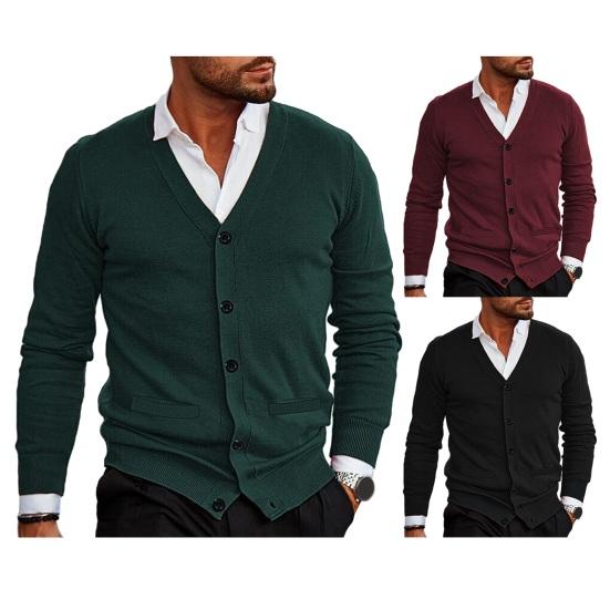 Men Cardigan Sweater V Neck Solid Color Single-breasted Slim Fit Knitted Elastic