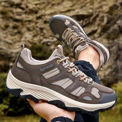 Outdoor Large Size Breathable Hiking Shoes for Couples Mesh Upper Wear Resistant Rubber Outsole Low Cut Synthetic Leather