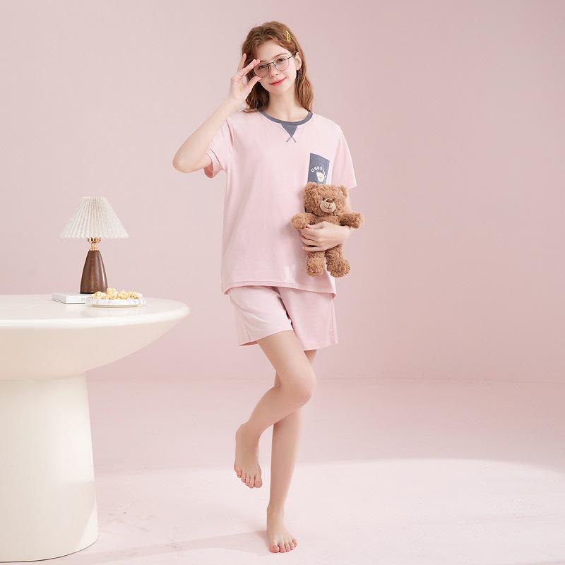 Fenteng [100% Cotton] Summer New Round Neck Sweet Cool Sports Short sleeved Home Clothes Set for Women's Pajamas