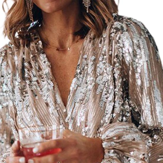 Lente Blouse V-hals Lantaarnmouw Polyester Dames Lente Glitters Blouse voor