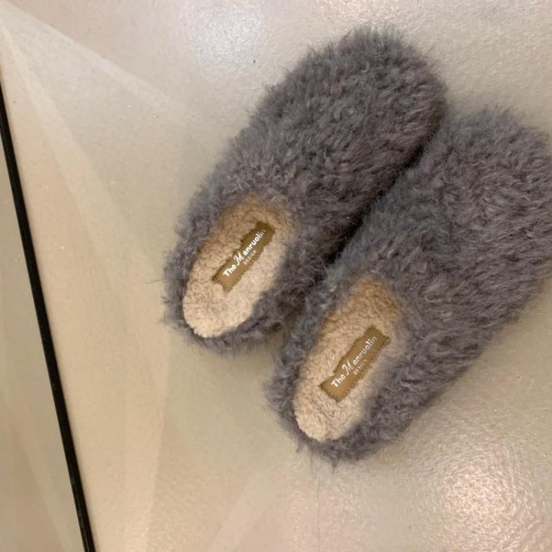 Women's Plush Semi-drag Winter New Round Toe Deep Mouth Platform Warm Flat Slippers