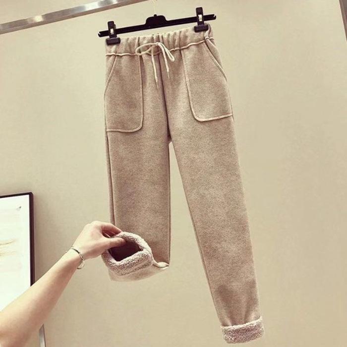 

Женские шерстяные брюки-каррот с высокой талией и имитацией овчины 2019 года — повседневный зимний стиль Nine-Point Harem M хаки