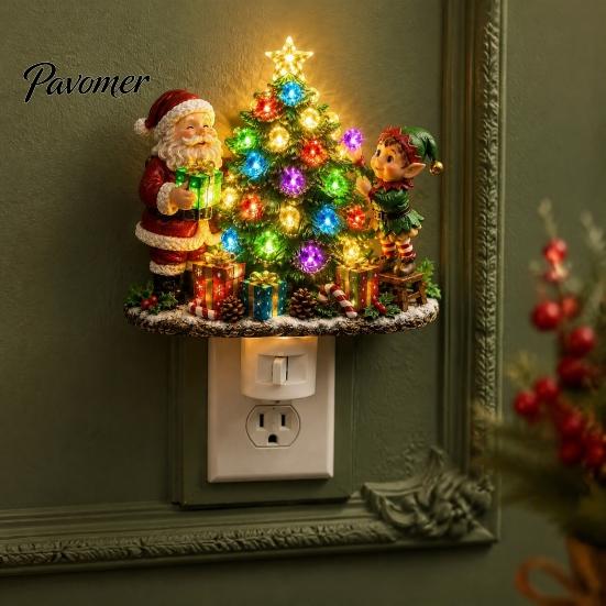 Resin Christmas Tree Light Santa Elf Decorative Plug-in Night Light, Wall Indoor Holiday Lighting Nightlight, Vintage Xmas Ornament for Bedroom