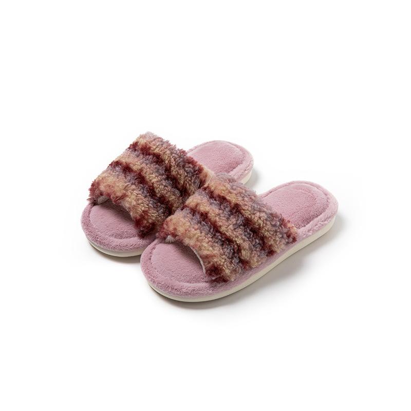 Contrast color striped open cotton slippers ins fluffy slippers comfortable design home plush mop