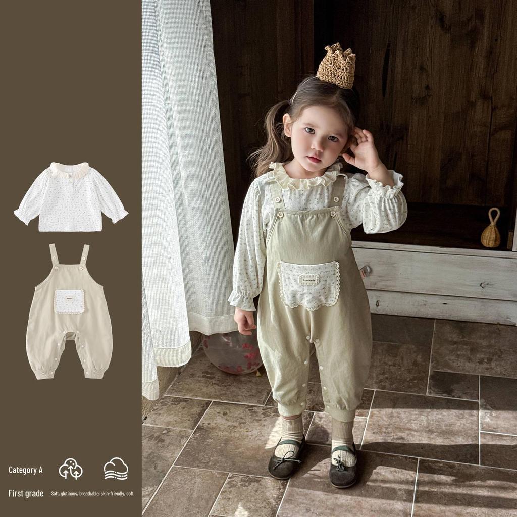 Trendig Koreansk Mori-stil Blommig Jumpsuit och Spets Tvådelat Set för Små Flickor