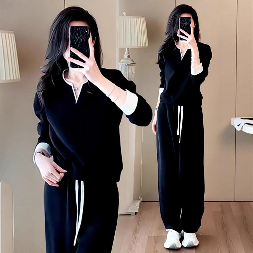 2025 Spring Women's Casual Sports Set: Fashionable Slimming Sweatshirt & Wide Leg Color Block Two-Piece