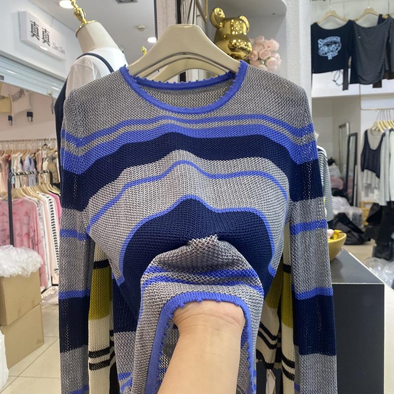 

Contrasting Stripes Hollow Long Sleeve Knitted Sweater Women s Autumn and Winter New Fashion Age Reduction Women s Bottom Sweater average size