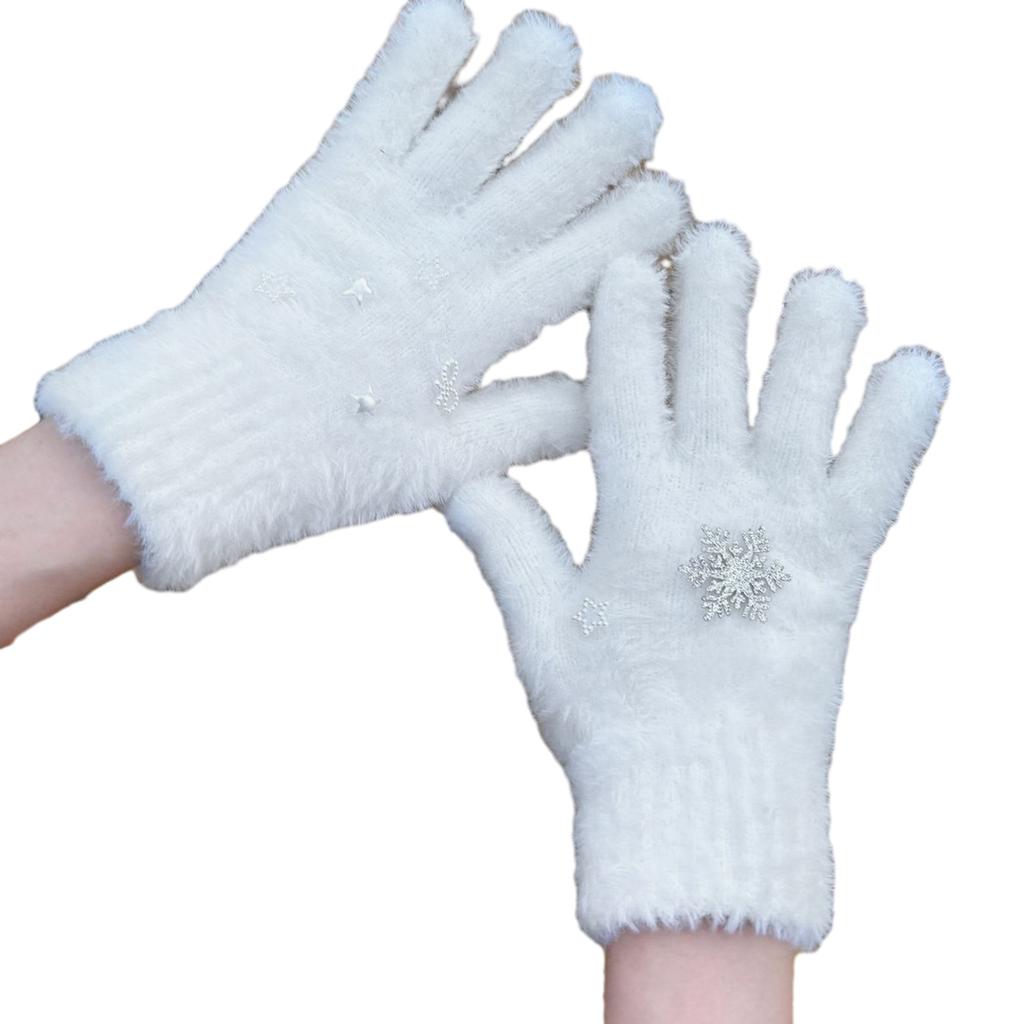 Snowflake Full Finger Gloves for Women Fashion White Short Gloves Cashmere Like Gloves for Teens Girl Casual Hand Warmer