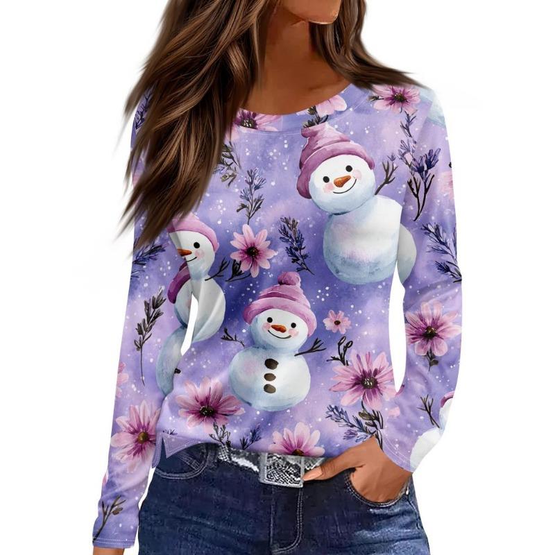 Christmas Limited Edition Women's 3D Floral Snowman Print Round Neck Long Sleeve T-shirt Fashion Casual Long Sleeve Top