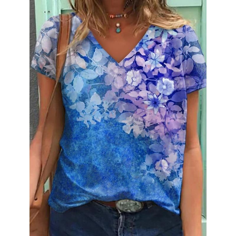 Summer Scenery Flowers Plants 3D Printed Short Sleeved T-shirt Women's Loose Short Sleeved Top V-neck T-shirt