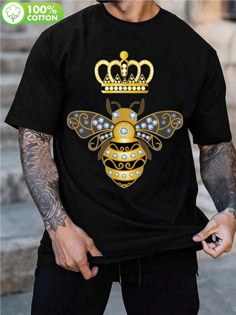 Vintage Bee Graphic Cotton T-shirt - Black Crewneck with Golden Crown & Gemstone Design