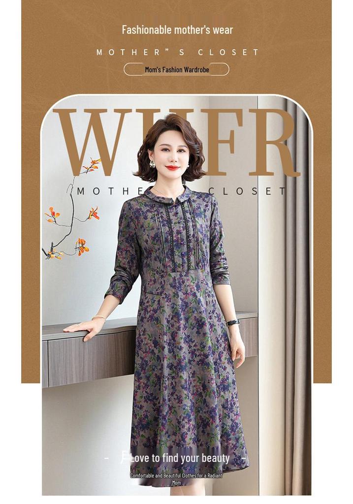 2026 Spring Retro Print Long Sleeve Knee-Length Dress for Middle-Aged and Elderly Moms - Stylish and Elegant Skirt