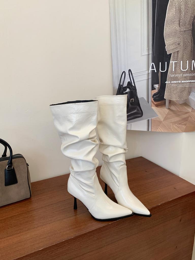Autumn and winter French pointed-toed temperament high-heeled boots but knee-pleated thin boots thin-heeled high-heeled knight boots
