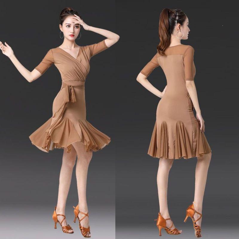 Vestido de Práctica Latino de Baile de Salón Delgado de Manga Corta para Mujer