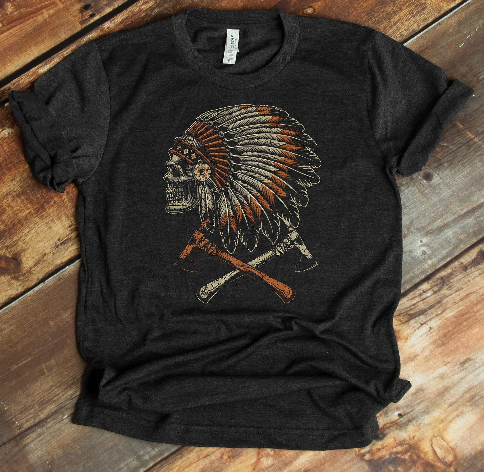 Native American T-Shirt - Skull Headdress Shirt - Tomahawk - Warbonnet L
