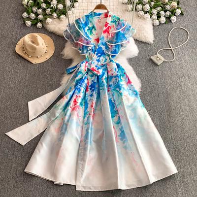 Elegant Floral Print Long Dresses Women Summer Holiday Ruffle Sleeve One Piece Wrap V Neck Vintage Retro Party Dresses Evening
