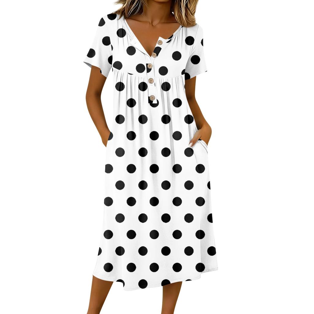 Vestido Casual Feminino Moderno Estampado Retrô Gola Redonda Manga Curta Botão na Gola Comprimento Médio