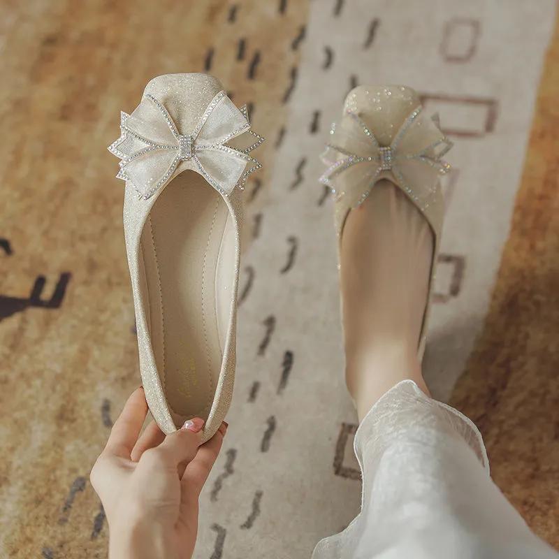 Fashion Square Toe Wedding Bride Shoe Rhinestone With Bow Woman Flats 2025 Trend Low Price Y2k Quick Delivery 39 Slip-on Shoes for Women