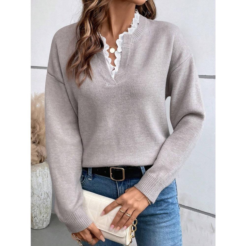 Autumn and Winter Solid Color Loose Long Sleeved Knitted Sweaters Fashionable Lace and Lace V-neck Women's Sweaters