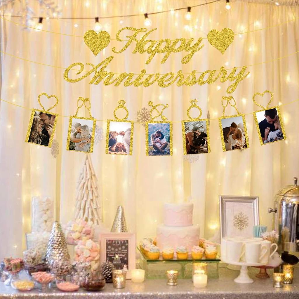 Happy Anniversary Party Decorations - Banner and Photo Banner for Wedding Party Decor