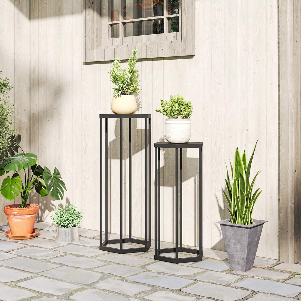 Set of 2 Plant Stands for Indoor and Outdoor Use, Hexagonal Metal Flower Pot Holders for Garden, Patio, Balcony