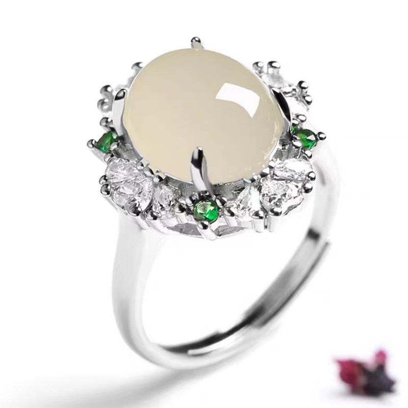 Bague Ajustable Calcédoine & Agate de Glace Forme Libre pour Femmes avec Incrustations en Forme d'Œuf et Placage Argent 925