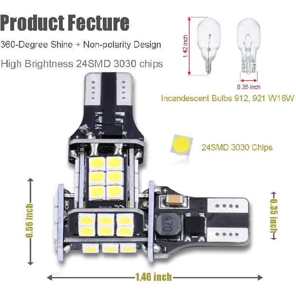 iBrightstar Extremely Bright 3030 Chipsets 921 T15 912 W16W LED Bulbs Error Free For Backup Reverse Lights, Truck Cargo Lights, 3rd Brake Lights,