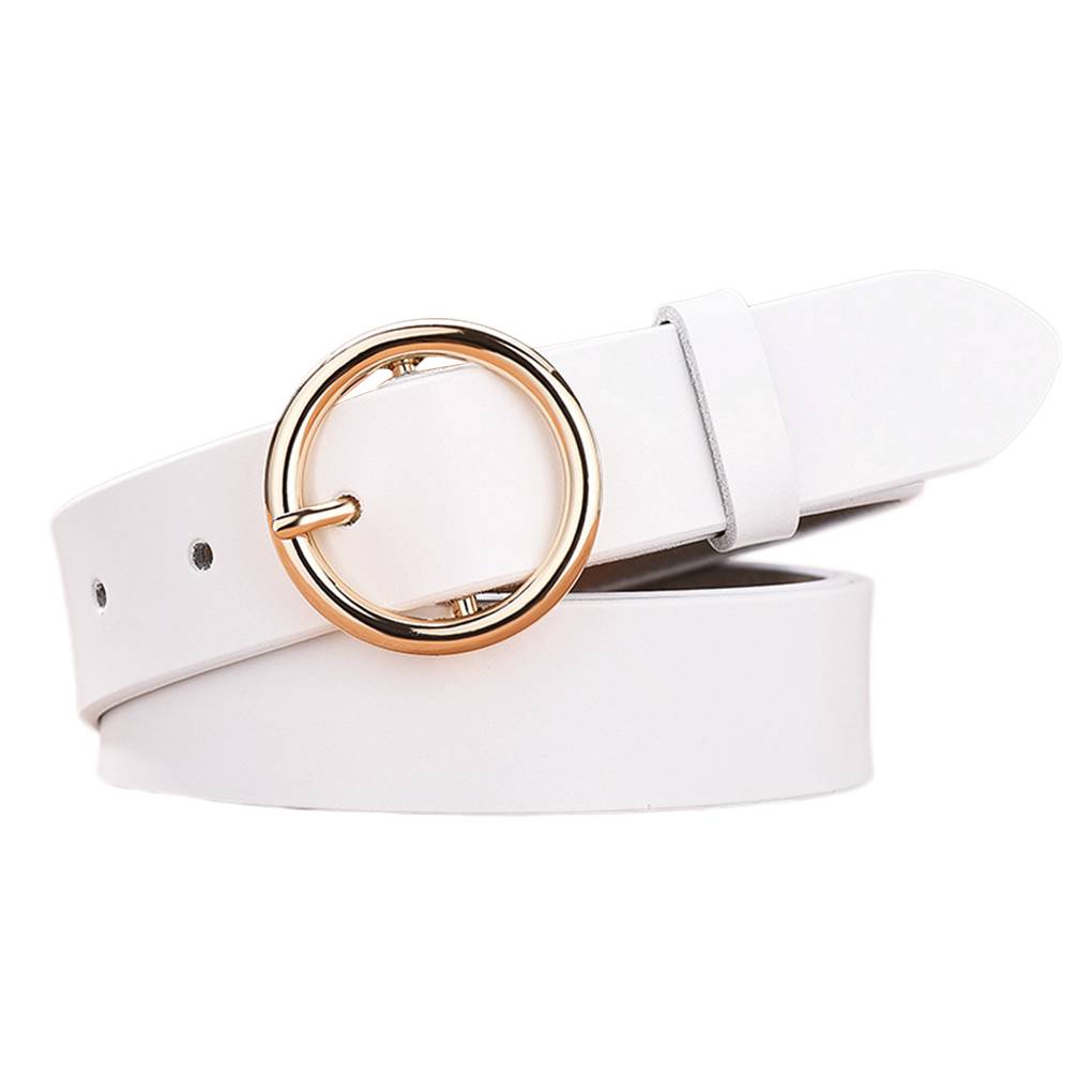 Female Gold Round Metal Circle Buckle Belt Women Jeans Pants PU Leather Pure Color Waist Belts