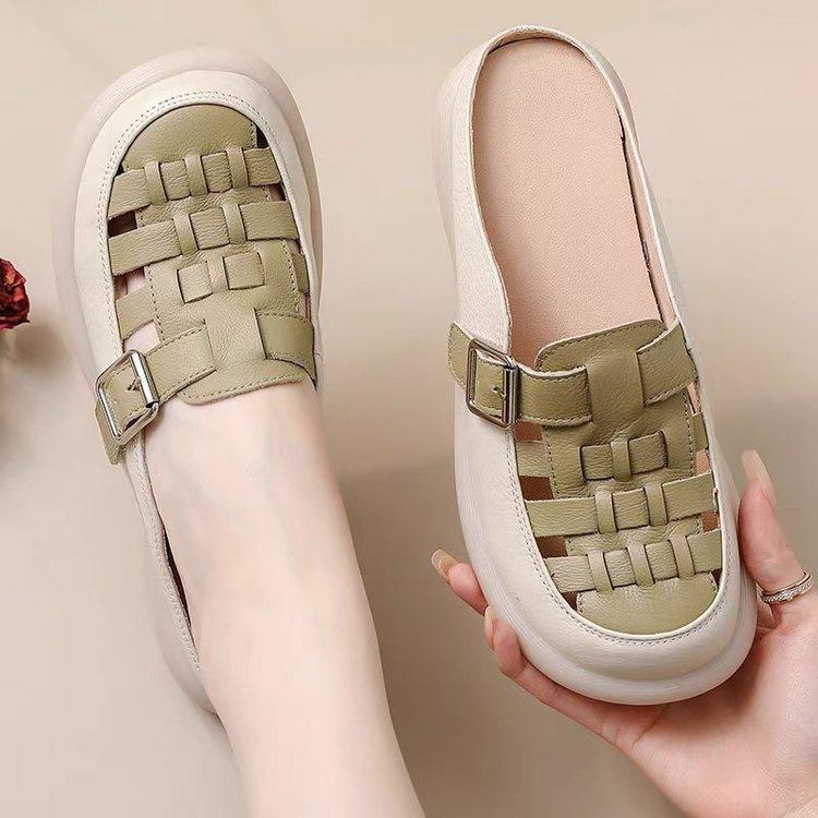 

2025 summer new bag head slippers women s casual wear thick-soled half slippers woven women s shoes breathable mother shoes 35