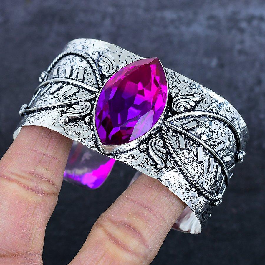 Růžový rubelitový drahokam Ručně vyrobený náramek z 925 sterlingového stříbra Nastavitelný h9j91