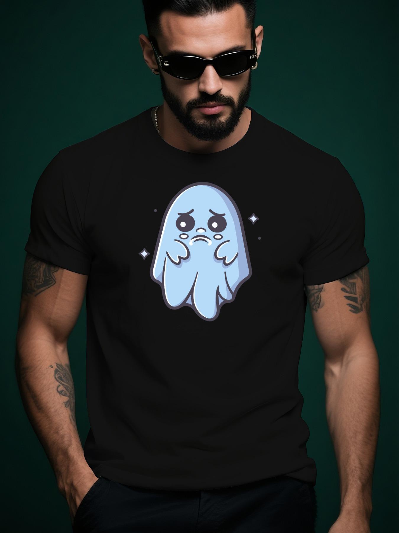 Light Blue Cotton Crew Neck Tshirt with Playful Ghost Gra... S