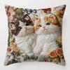 Decorative Embroidered Pillow Cover 45x45cm with Two Cats and Floral Pattern Cotton Linen Square Cushion Case for Sofa Bed Chair