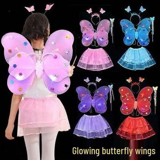 Luminous Fairy Glitter Three-Piece Set: Butterfly Wings, Magic Wand & Flower Fairy Backpack Decoration for Girls.