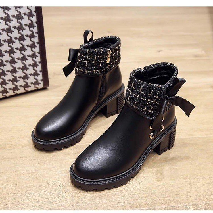 [Genuine Leather] Xiaoxiangfeng Short Boots Women's Autumn and Winter Velvet Bow French Sweet Versatile and Ankle Boots Martin Boots Tide