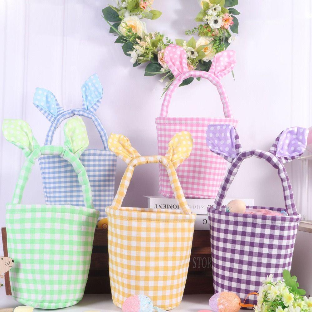 Grid Design Rabbit Ear Basket Breathable Material Plaid Pattern Easter Eggs Basket Bunny Ear Handle Moisture Resistant