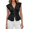 Women's V Neck Denim Vest Top, Sleeveless Button Down Ruffle Trim Jean Top, Summer Casual Strechy Waistcoat