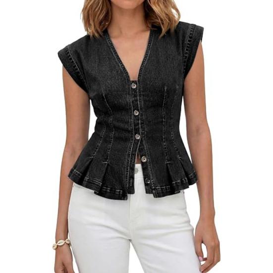 Women's V Neck Denim Vest Top, Sleeveless Button Down Ruffle Trim Jean Top, Summer Casual Strechy Waistcoat